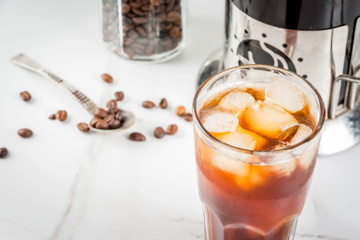 A cold brew coffee in a glass with ice