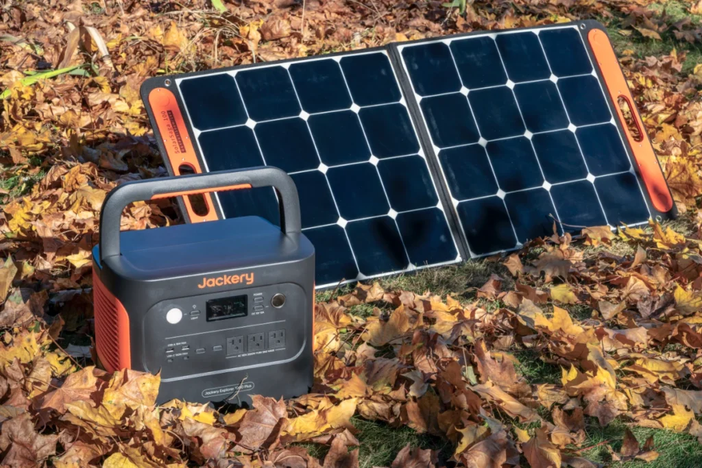 a Jackery portable battery with solar panels for charging.