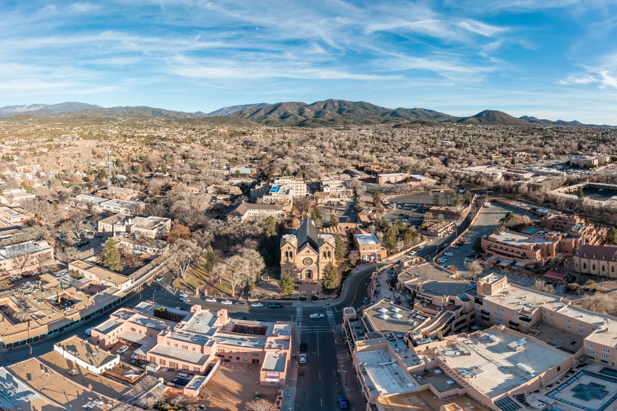 A photo of an Aerial view of downtown area of Santa Fe, New Mexico