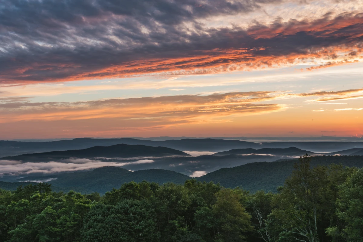 A photo of fog settling into the Shenandoah Valley at Sunset