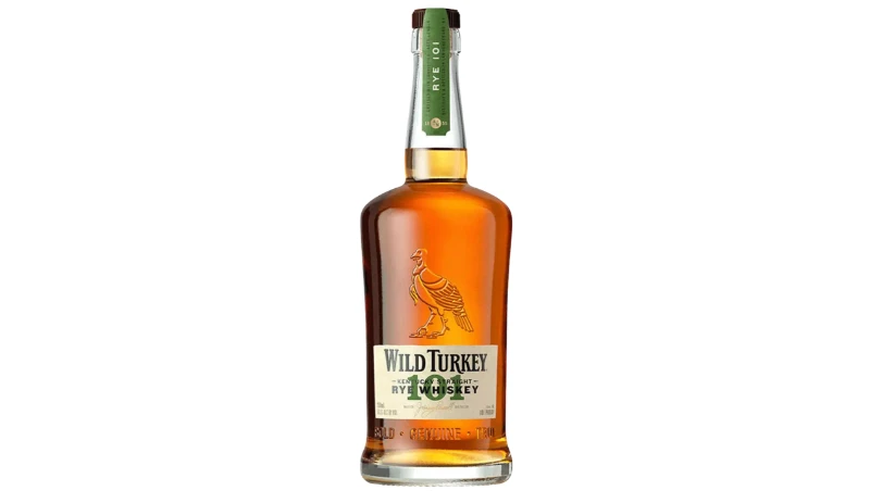 A photograph of a bottle of Wild Turkey 101 Rye